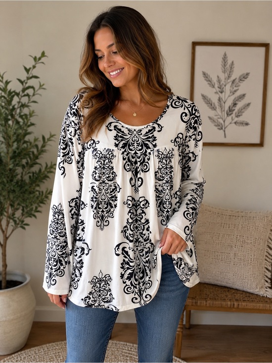Bentinaro Tops - Black & White Printed Long Sleeve Blouse - Elegant Scroll Motif